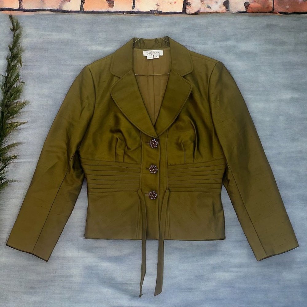 Vintage Kay Unger Hunter Green Silk Cotton Blend Jacket Embellished Buttons 14